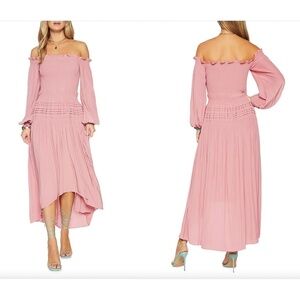 RAMY BROOK | Off The Shoulder Anita Smocked Ruffled Midi Dress in Pink | Size XS